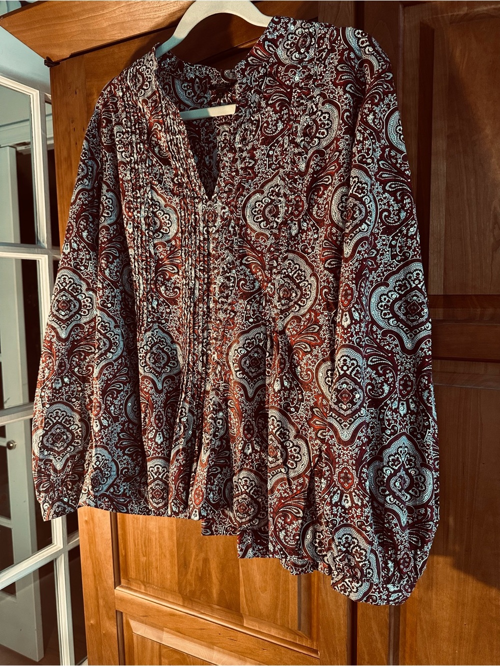 Talbots Burgundy,Black & Gray Paisley Pin-Tucked Long-Sleeve Tunic, XL EUC